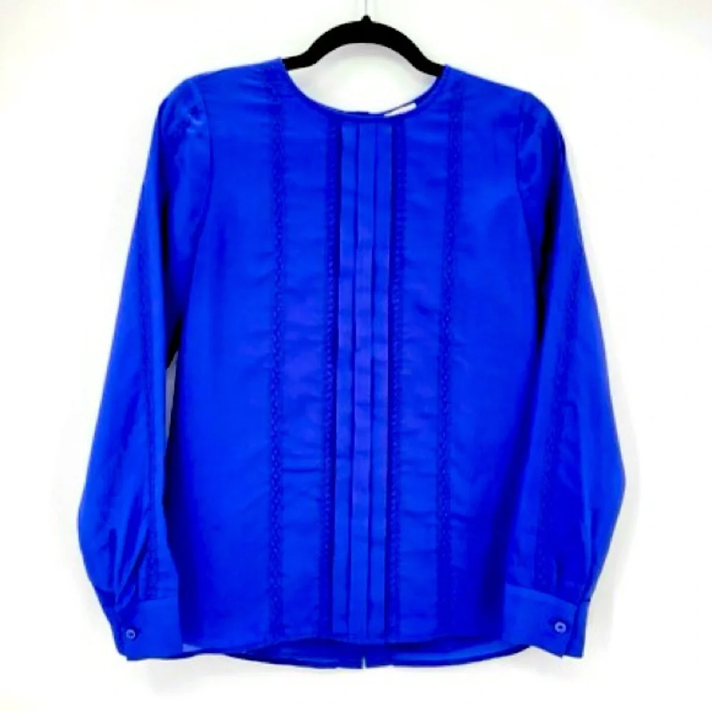 J.Crew. Lace Pleat Front Button Back Blouse. 100% Silk. Cobalt Blue. Size 2.